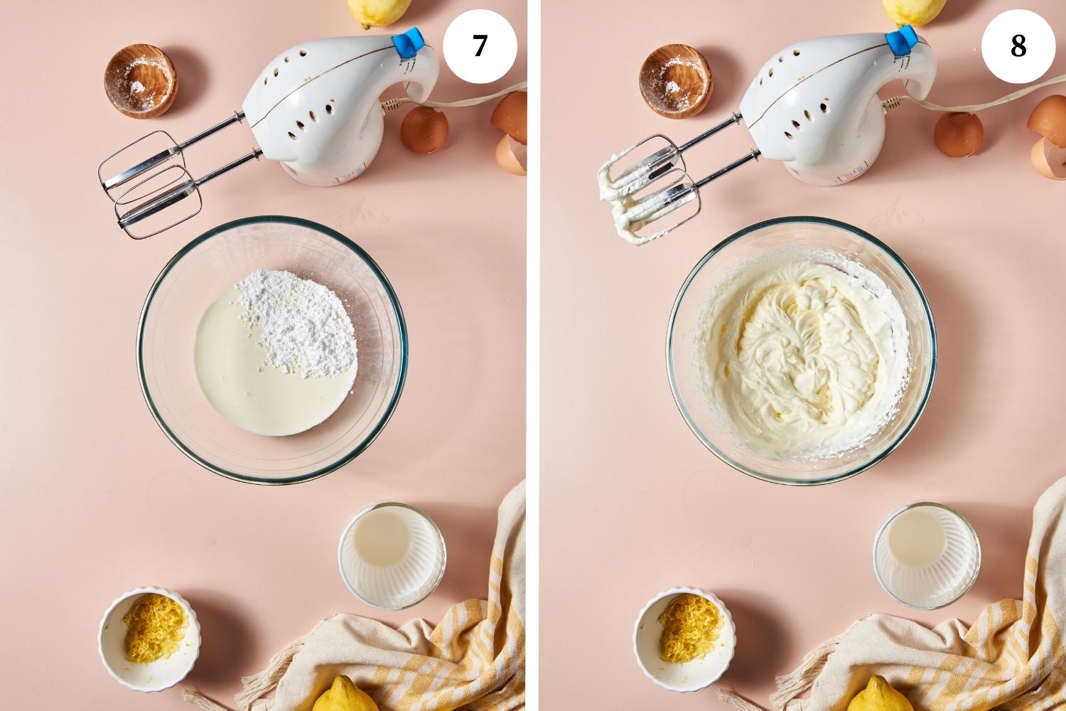 mixing bowl with heavy cream and powdered sugar, other photo is whipped cream