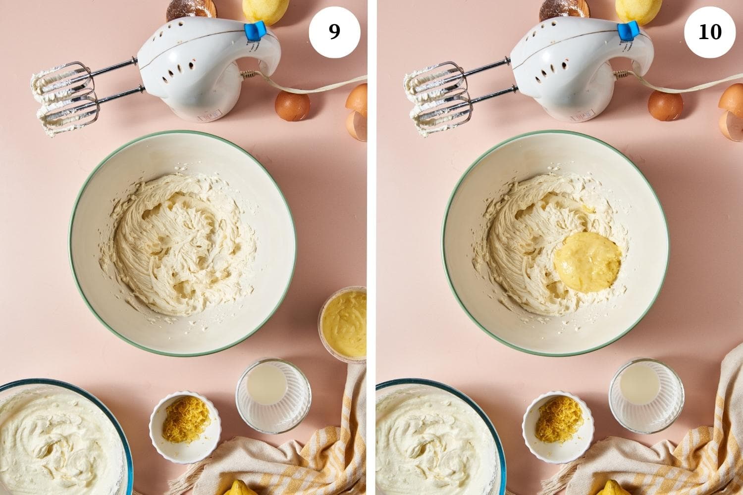 whipped mascarpone cheese in a mixing bowl, next photo is whipped mascarpone with a lemon cream on top.