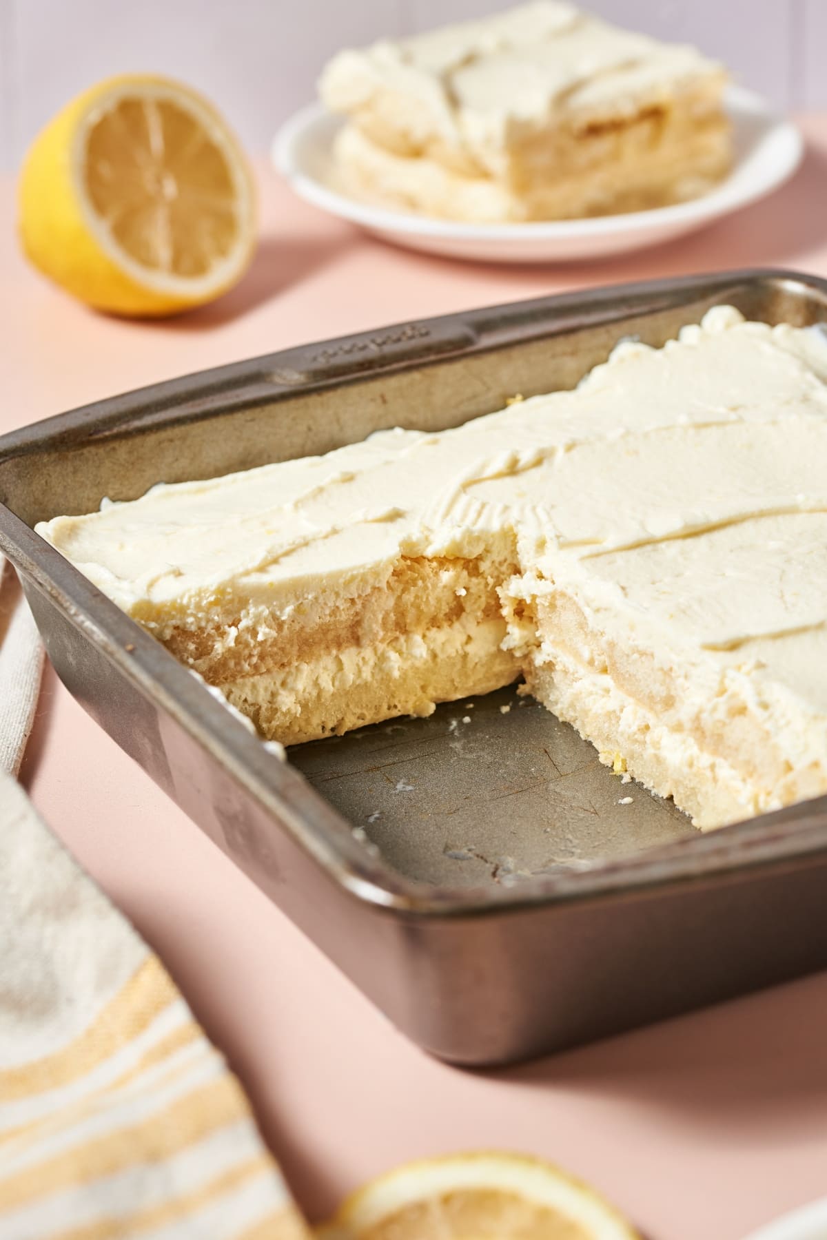 a pan of sliced lemon tiramisu