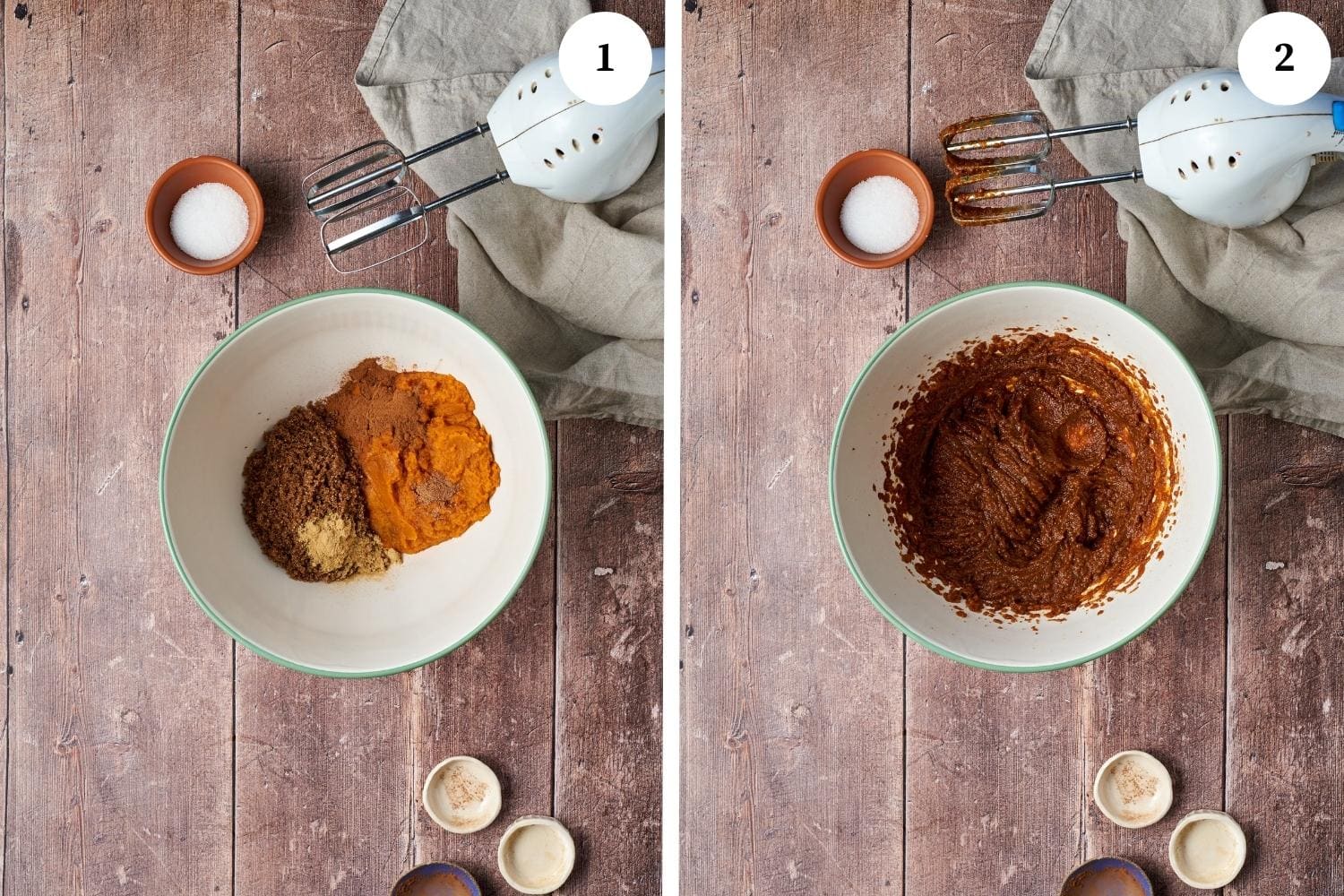 mixing bowl with brown sugar, pumpkin puree, spices in it, next photo is a blended mixture