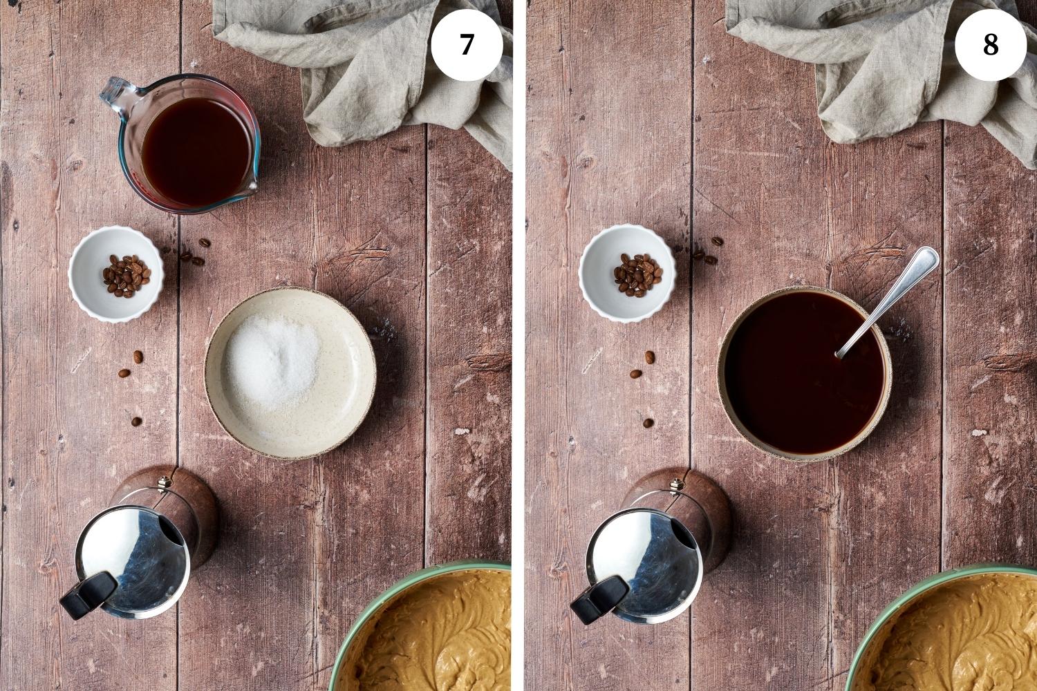 white sugar on a shallow bowl with a measuring pitcher of coffee beside it.