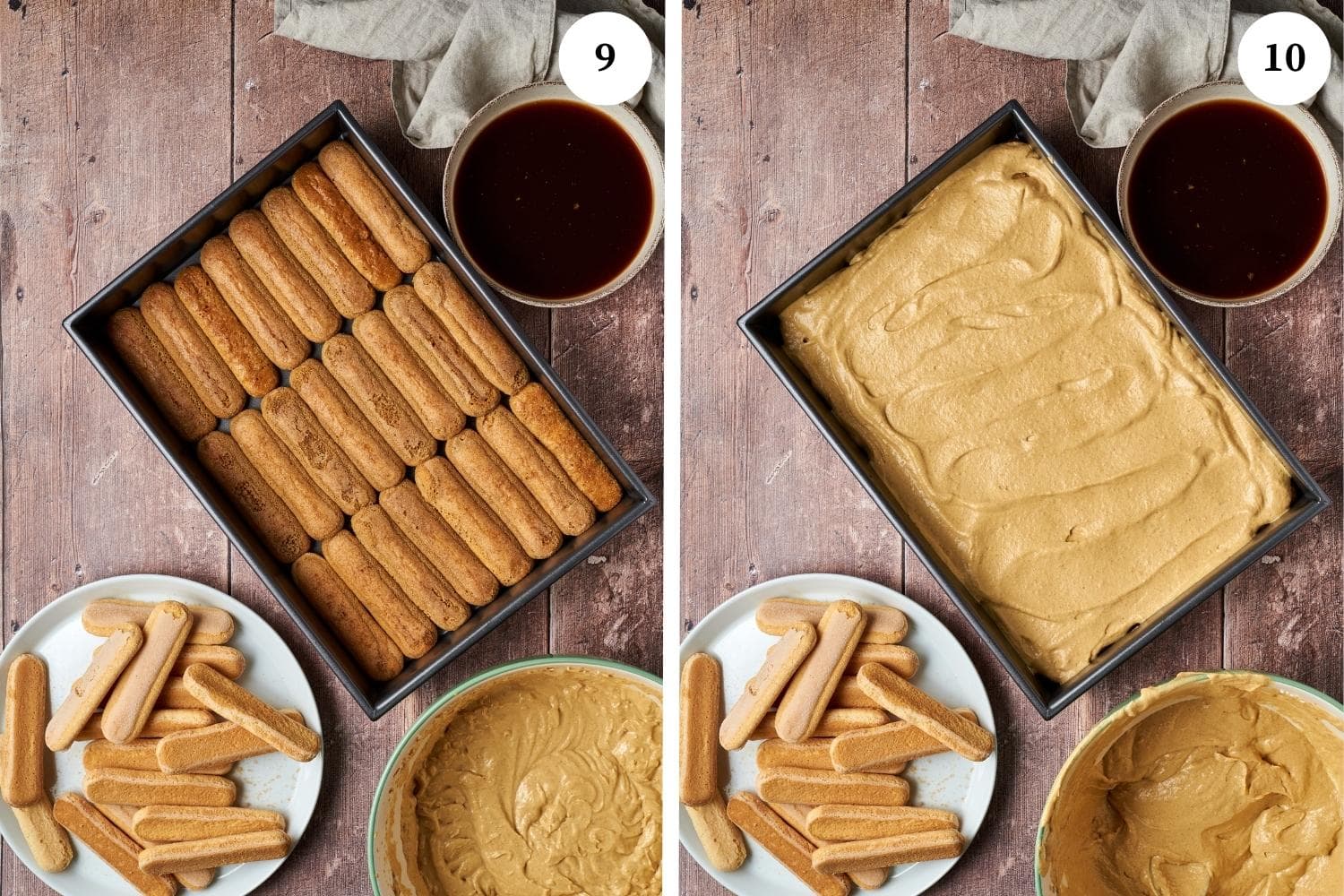 arranged soaked ladyfingers on a pan, other photo, topped with pumpkin cream