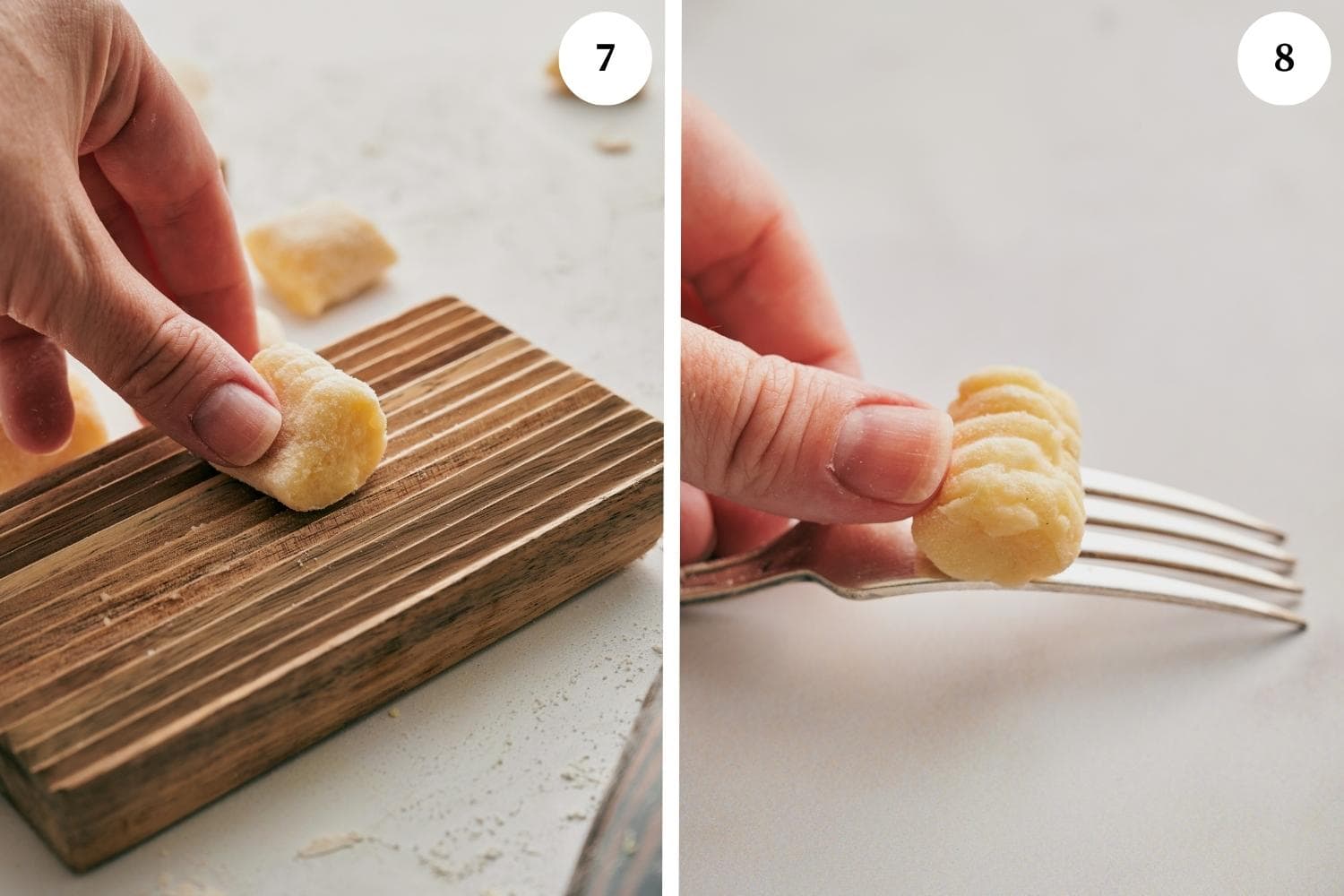 gnocchi dough rolled into a gnocchi board and a fork