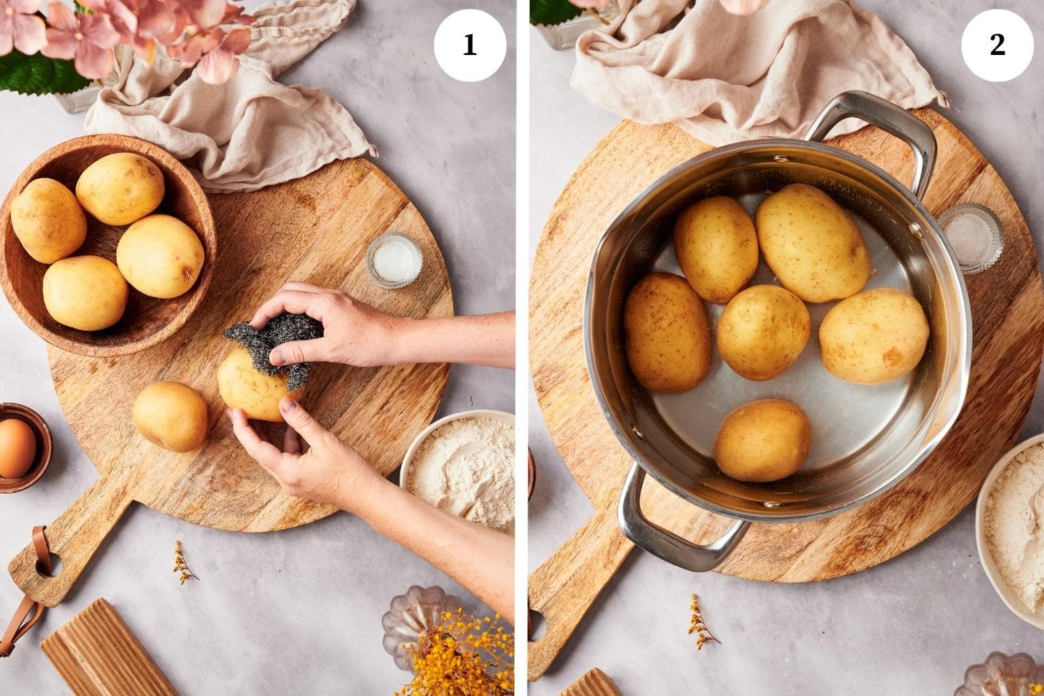 potatoes in a wooden bowl, one potato being scrubbed. next photo, large pot with water and potatoes