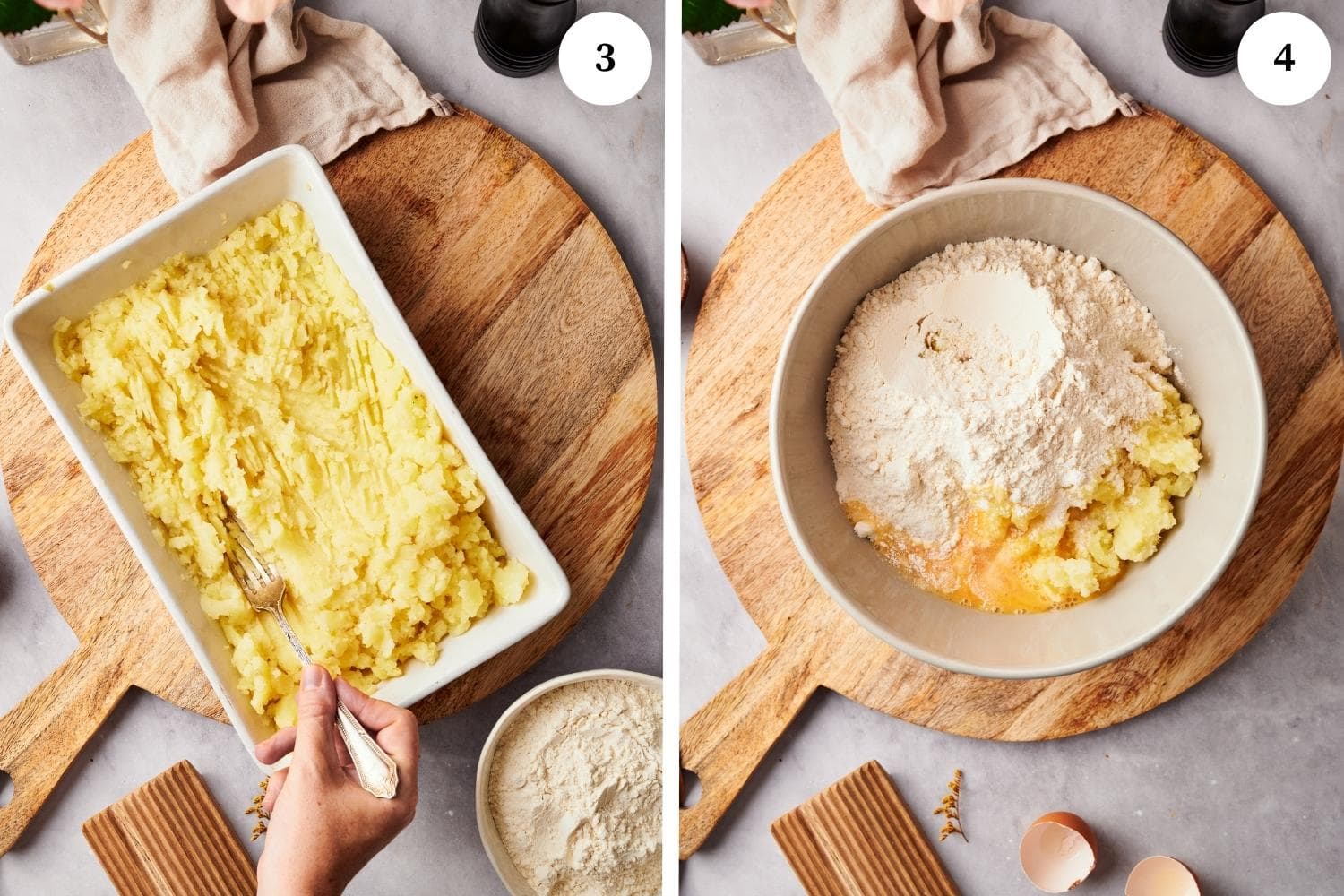 mashed potato in a rectangular dish. next photo ingredients mixed in a large bowl