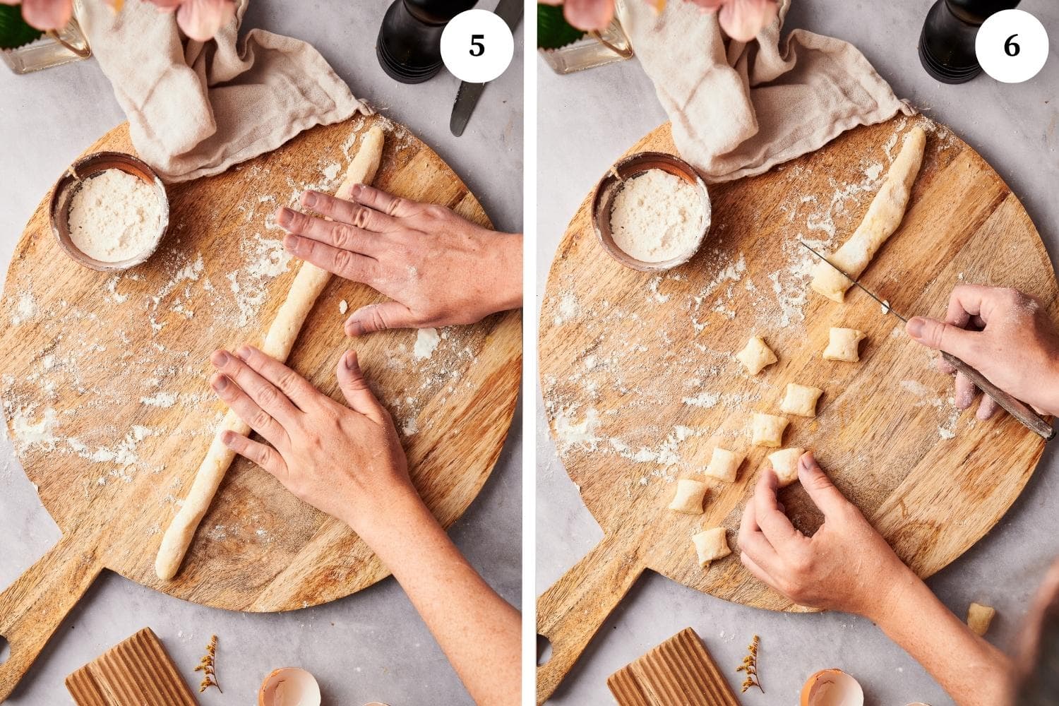 rolled potato gnocchi dough on a dusted round chopping board.