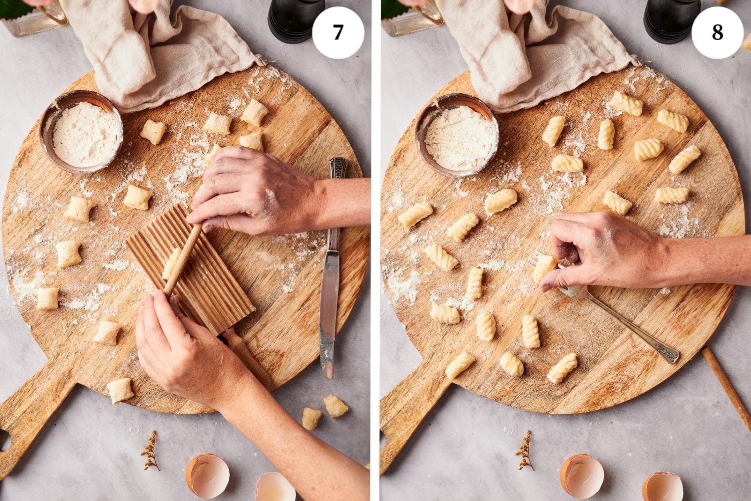 potato gnocchi dough being rolled into a gnocchi board and a fork