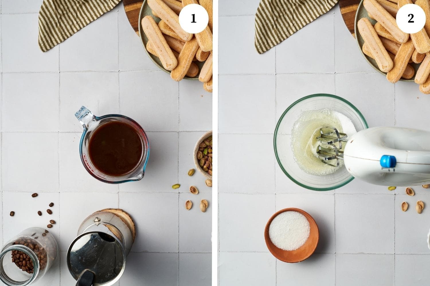 pistachio tiramisu procedure: first photo: measuring pitcher with espresso in it. next photo, egg whites and sugar in a glass bowl being whipped with an electric hand mixer