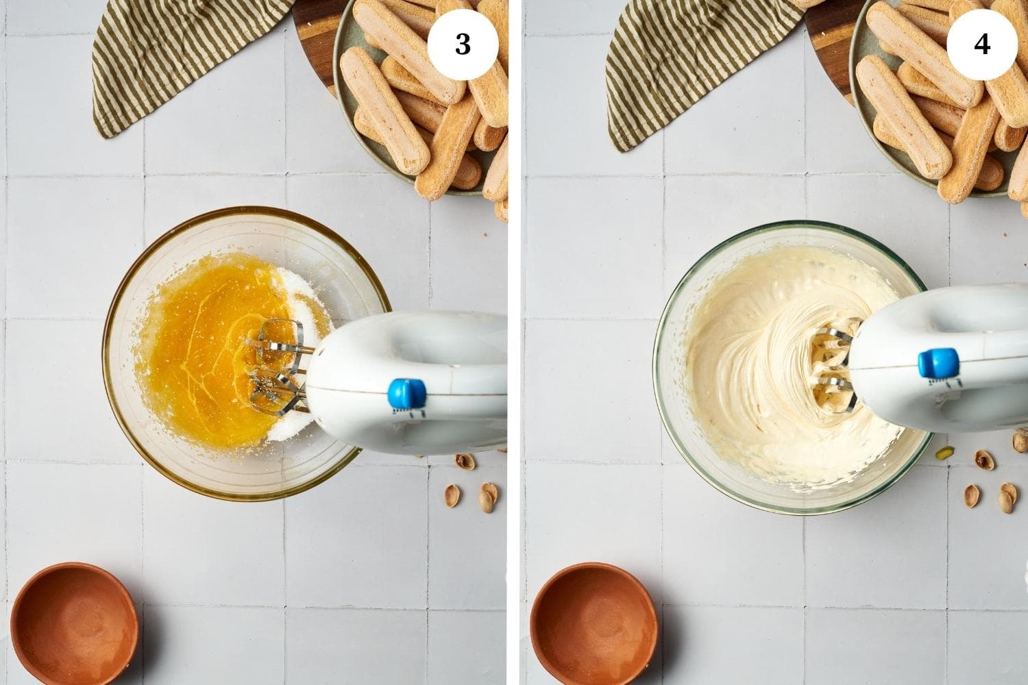 pistachio tiramisu procedure: egg yolks and sugar in a glass bowl being whipped with an electric hand mixer
