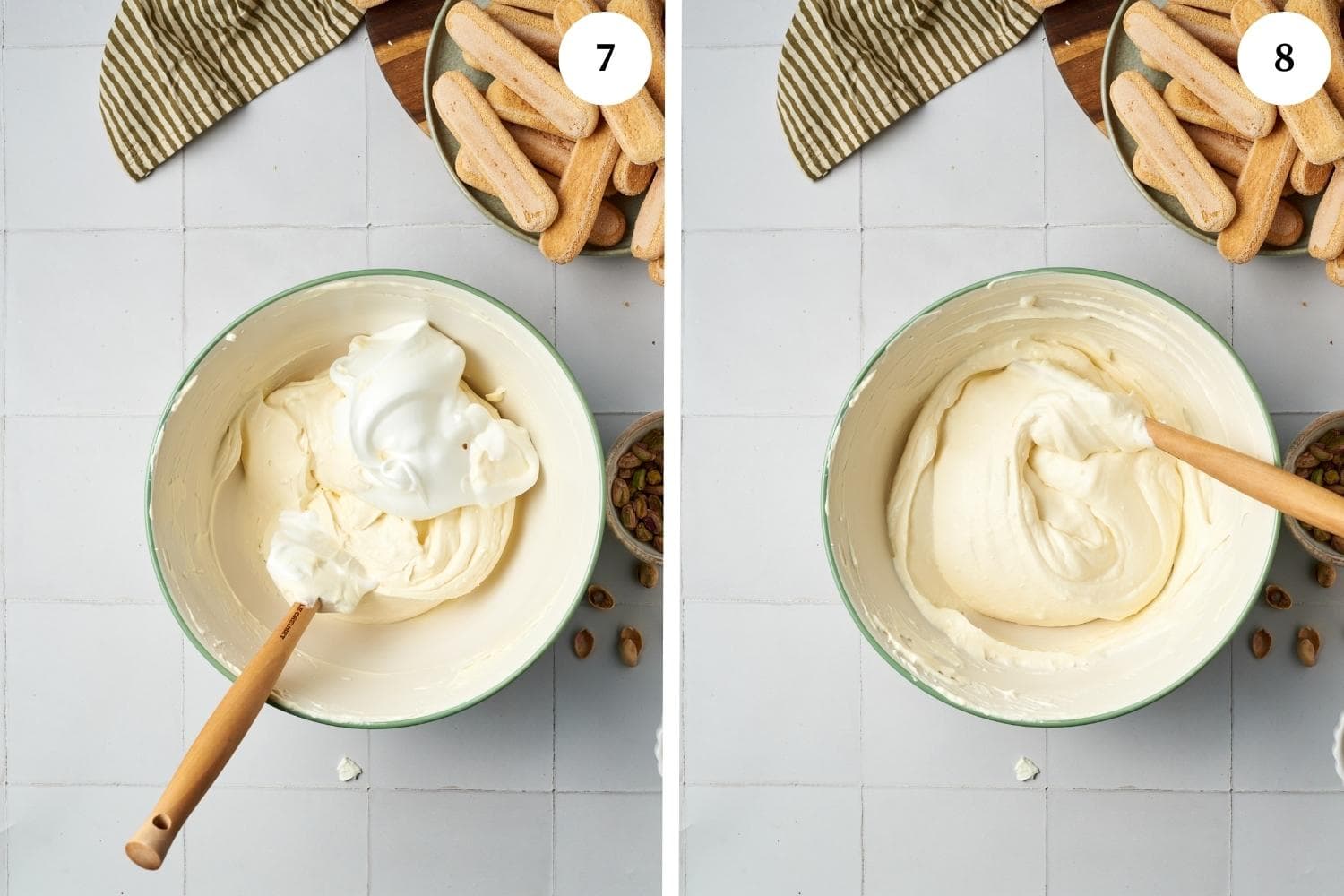pistachio tiramisu procedure: whipped egg whites added to the whipped mascarpone cheese in a large bowl