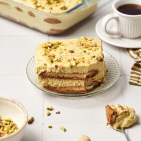 pistachio tiramisu on a plate