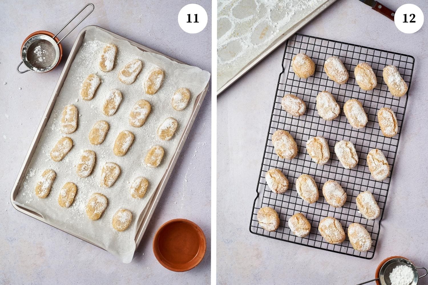 ricciarelli on a baking sheet and rack
