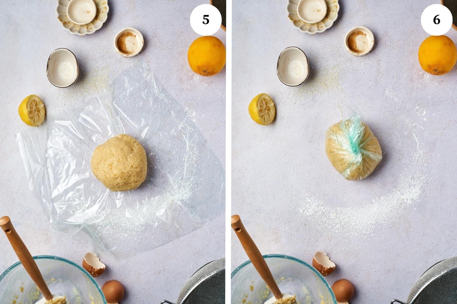 ricciarelli batter rolled into a ball and wrapped in plastic.