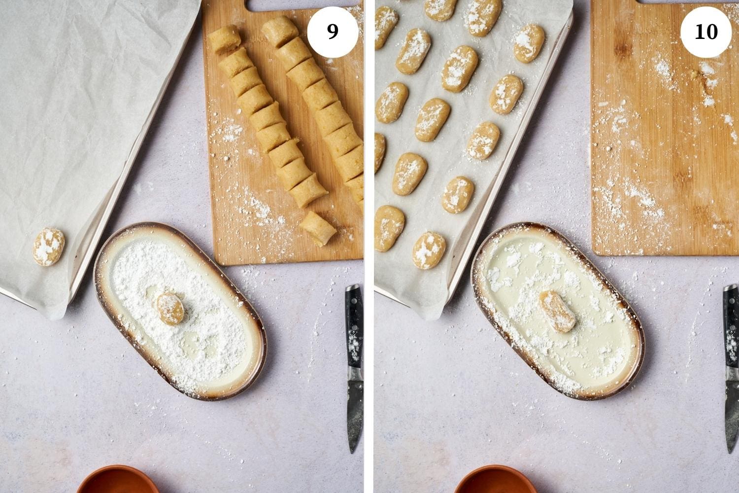 rolled ricciarelli dough into powdered sugar and placed on a baking sheet