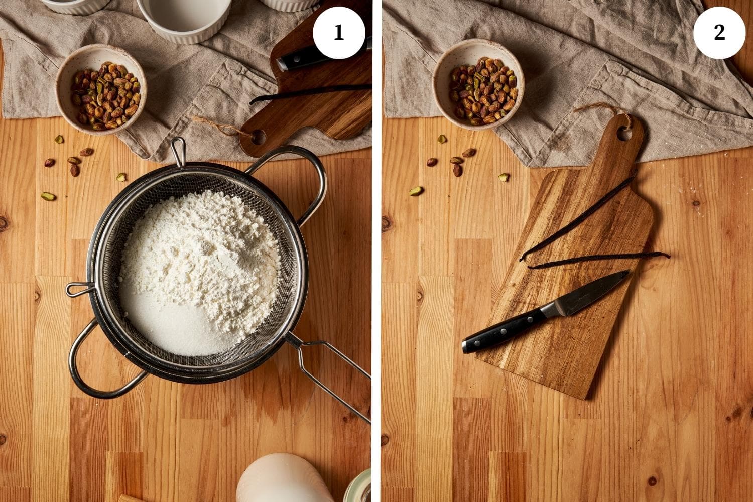 biancomangiare procedure: cornstarch and sugar in a sieve on top of a pot, vanilla bean cut open on a chopping board with a knife beside it