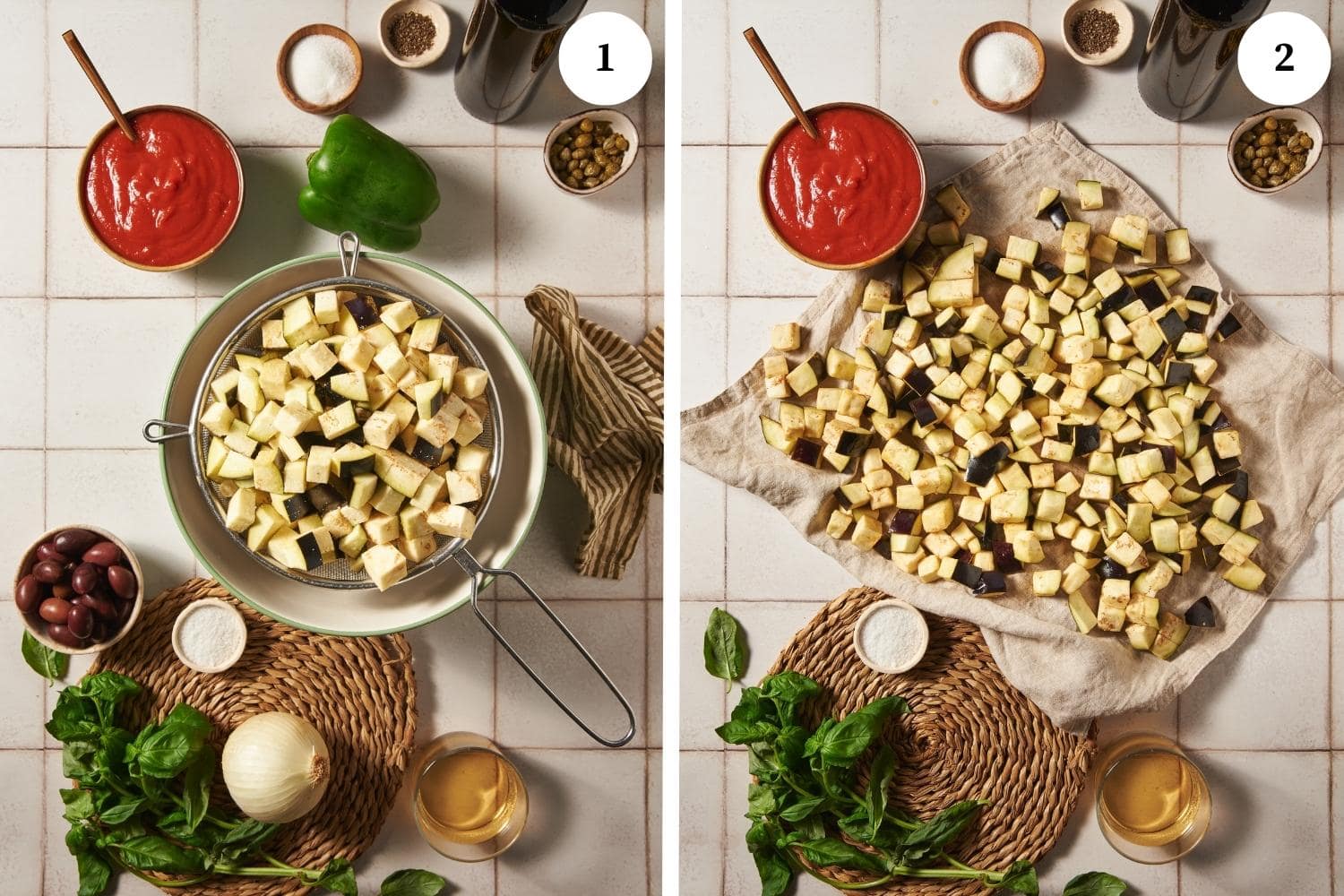 caponata procedure: diced eggplants in a colander over a bowl, diced eggplants on a towel