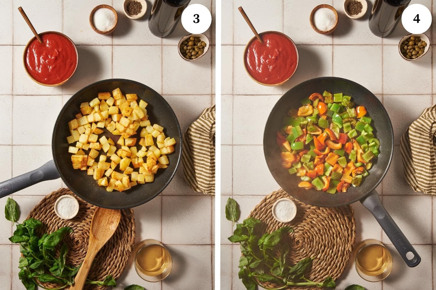 caponata procedure: diced potatoes fried on a skillet, bell peppers cooked on a skillet
