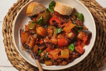 eggplant caponata in a dish on a table