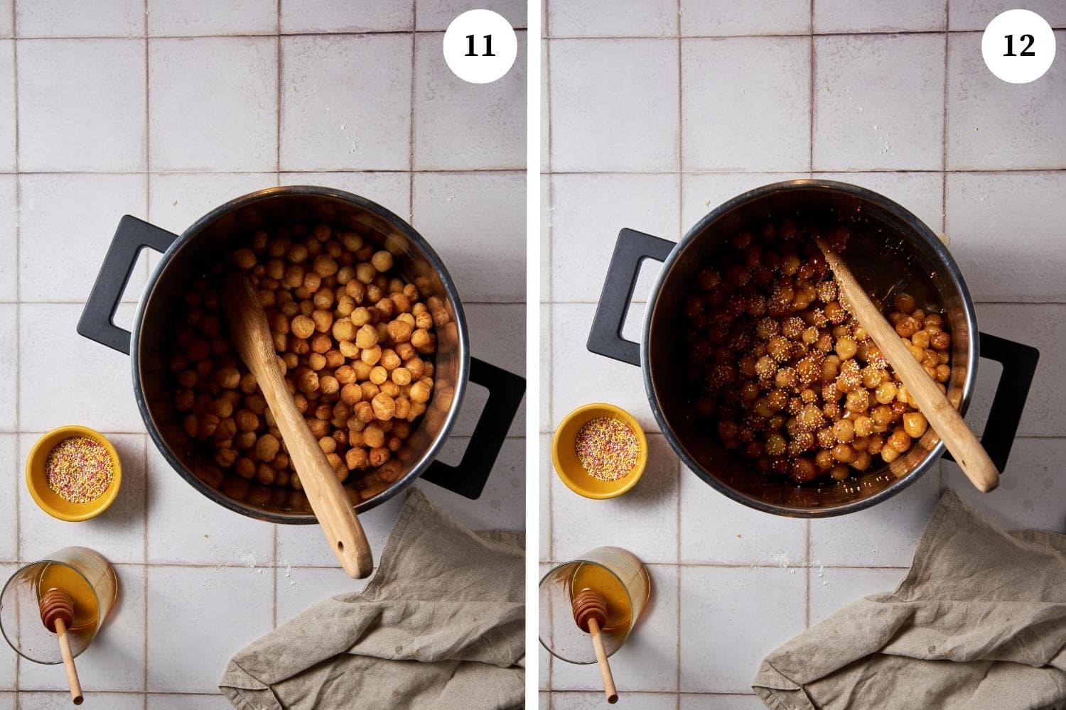 struffoli mixed with honey and sprinkles