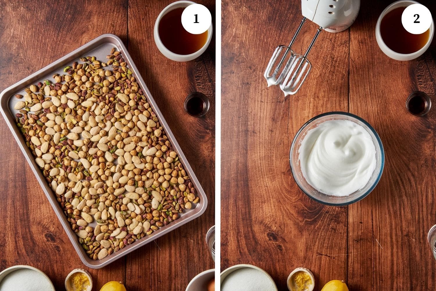torrone procedure: baking sheet filled with nuts, whipped egg whites in a glass bowl.