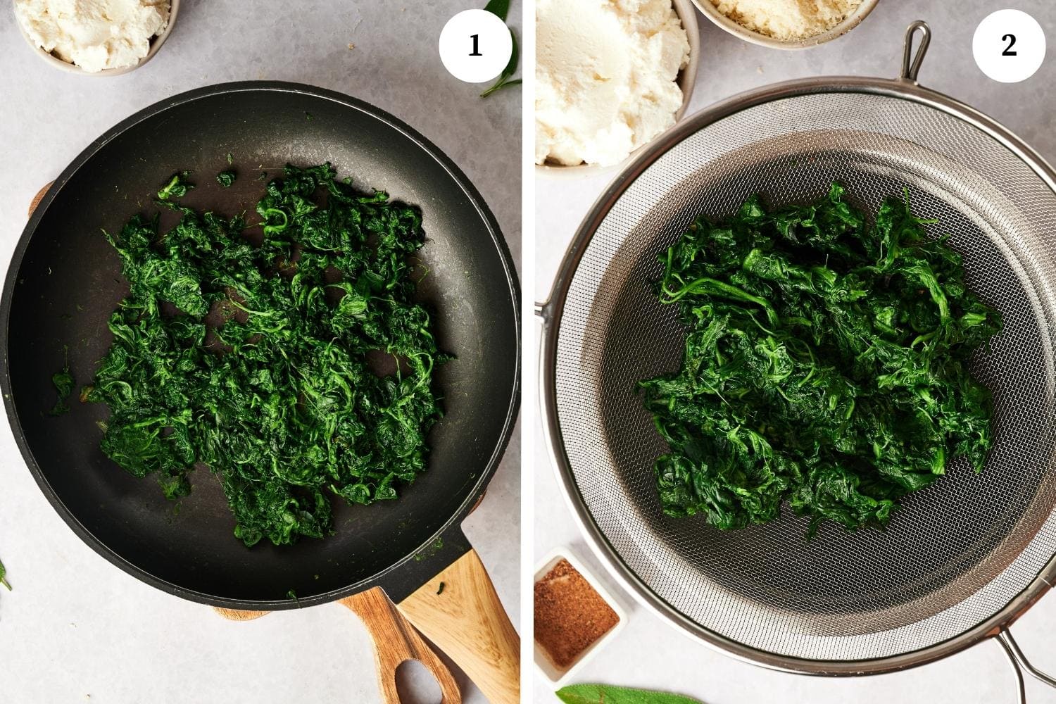 tortelloni procedure: frozen spinach sauteed in a skillet and drained on a sieve