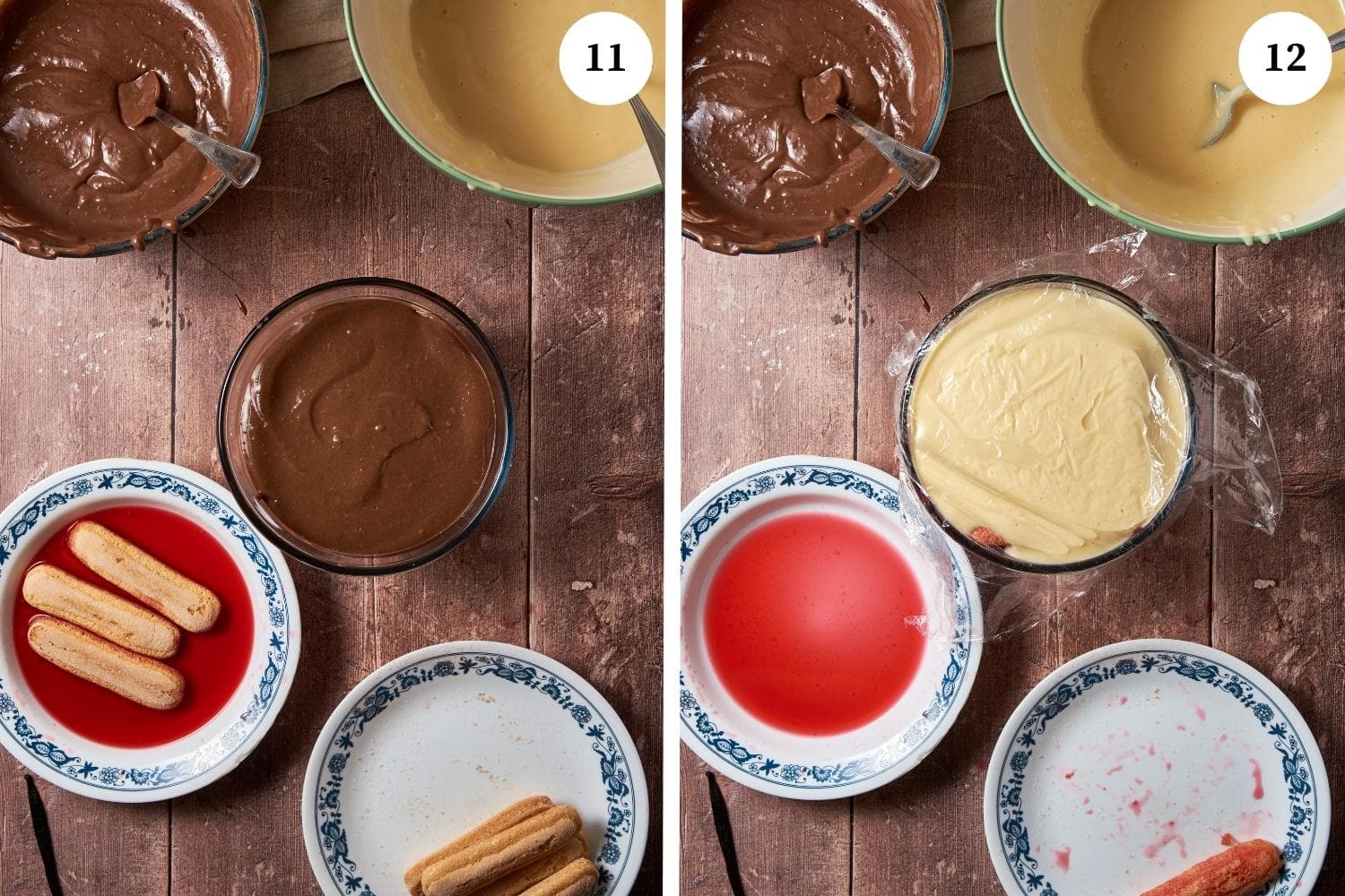 assembling italian trifle, plate with alchermes, pastry cream and bowl with zuppa inglese