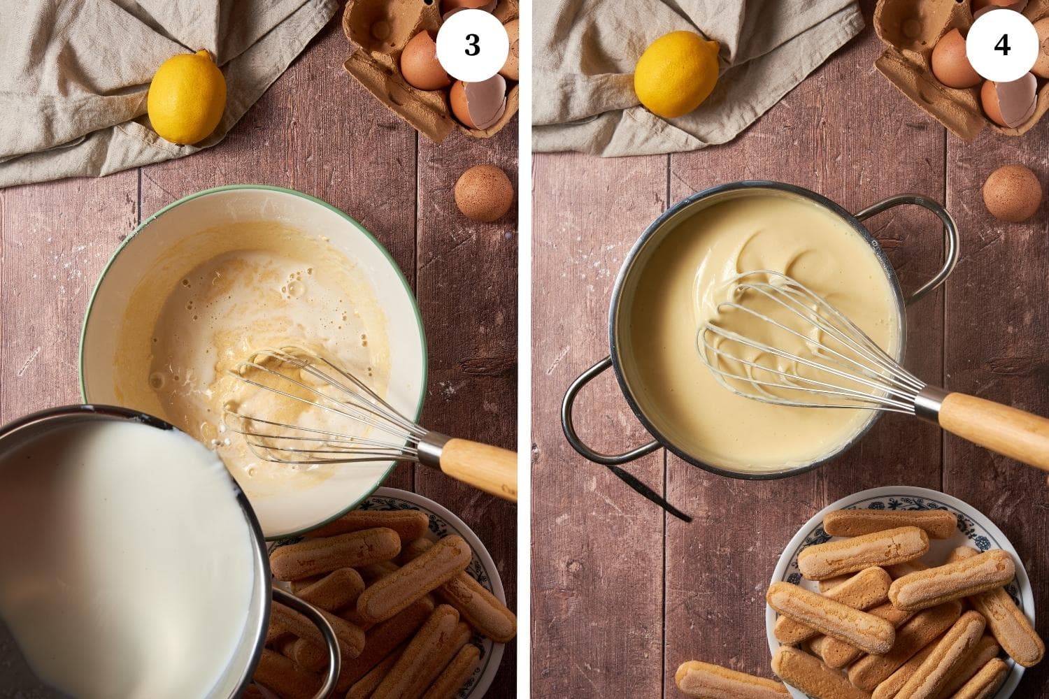 step by step instructions to make zuppa inglese, add the milk to the egg and flour mixture while continuing mixing