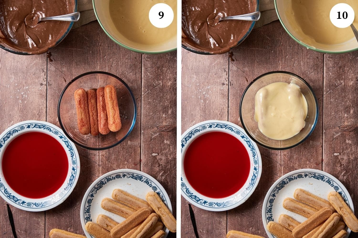 assembling zuppa inglese by adding layers of savoiardi cookies and layering with pastry cream