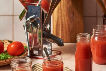 homemade tomato passata prepared in jars on a table