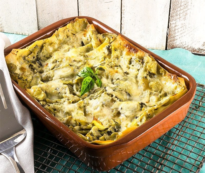 Artichoke lasagna recipe on a table