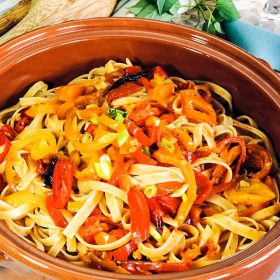 Fettuccine recipe with Roasted Bell Peppers and Cherry Tomatoes