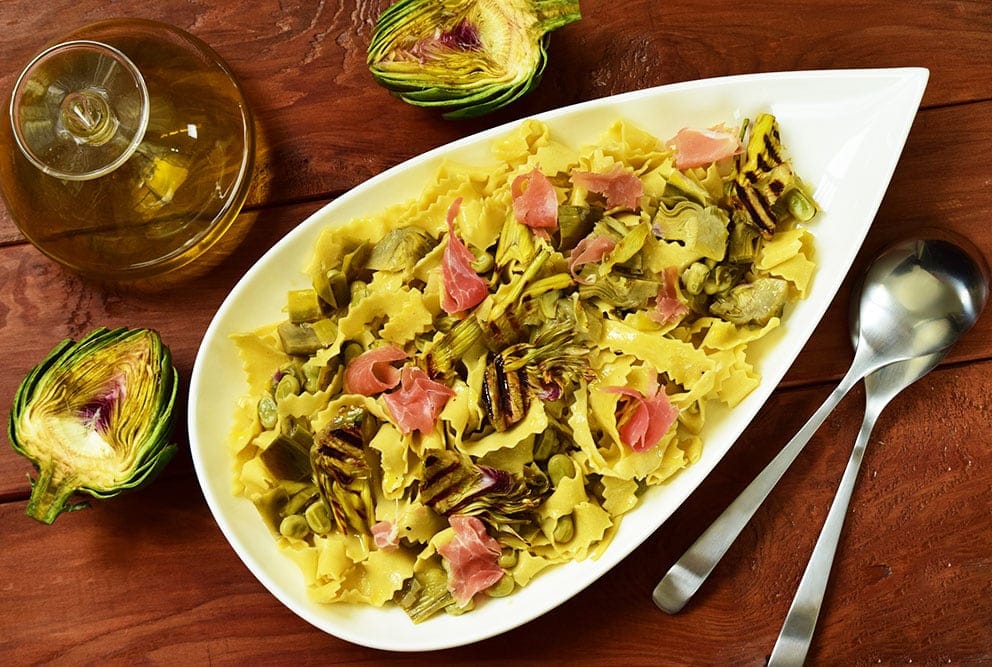 Pappardelle pasta with Artichokes, fava beans and proscitto recipe