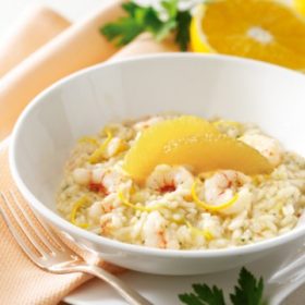 Risotto with orange shrimp is a great dish.