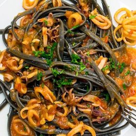 Squid Ink Pasta Recipe with Seafood in San Marzano Tomato Sauce