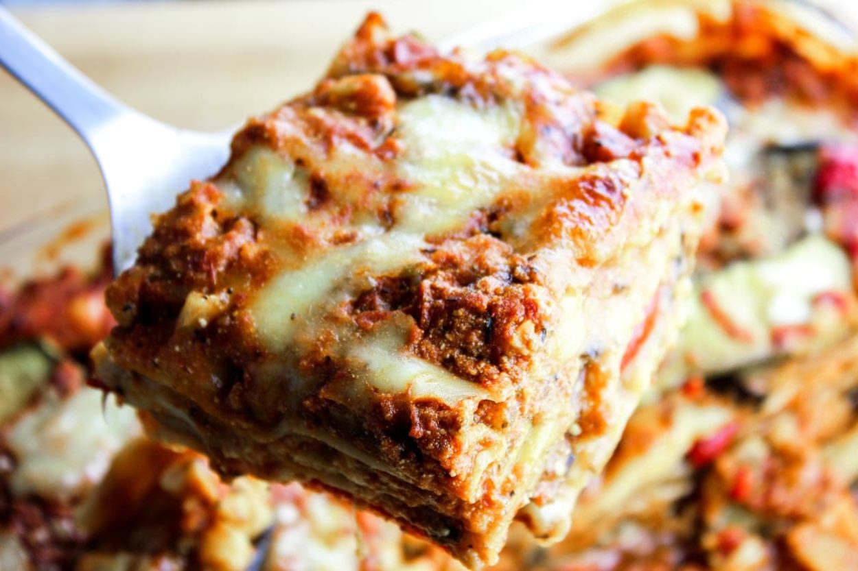 A piece of freshly made lasagna